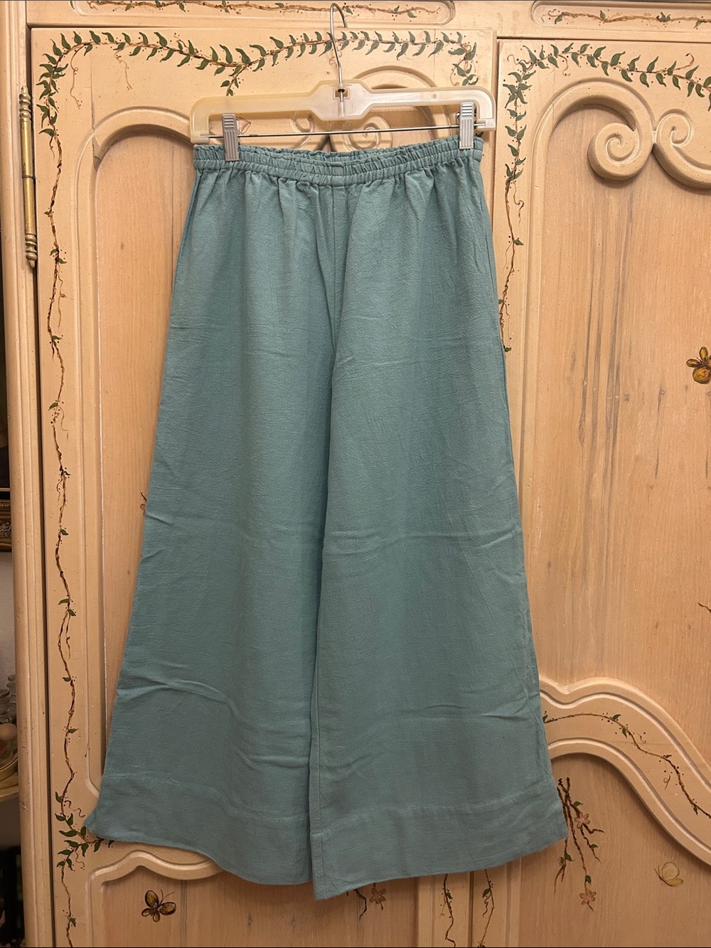Light Teal Wide Leg Elastic Waist Linen Pants by Soft Surroundings. SP